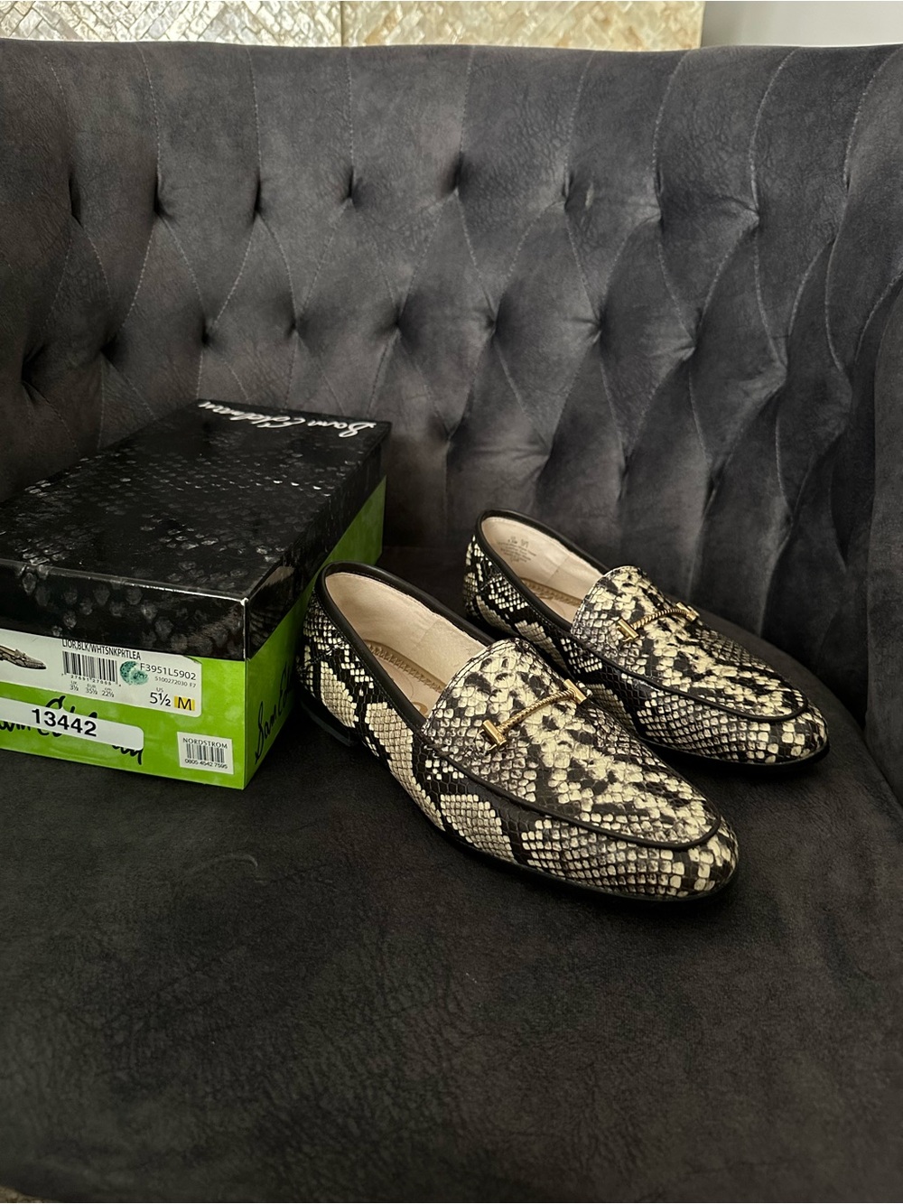 Sam Edelman Black and Cream Snake-Print Loafers